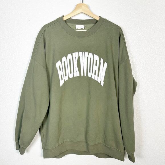 Pink Lily Womens Bookworm Olive Green Graphic Crew Neck Sweatshirt Size XL - Picture 1 of 10